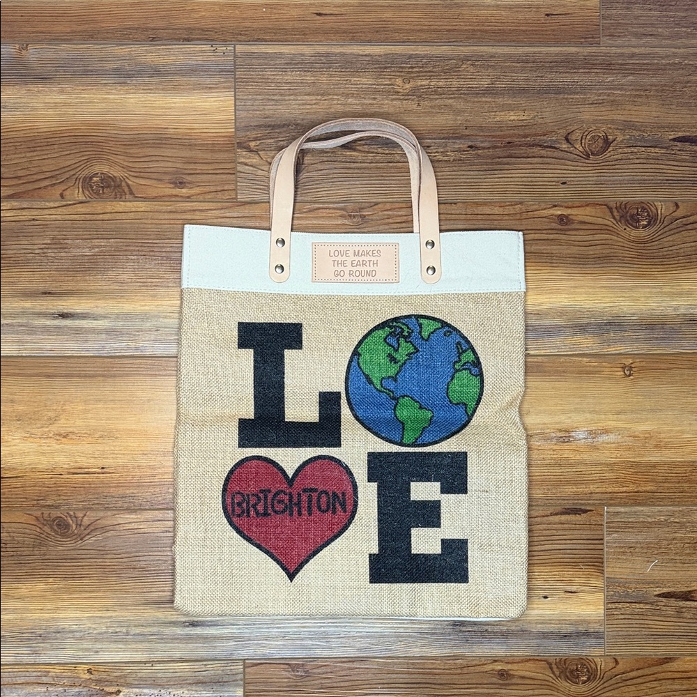 Brighton Natural Straw Tote with Red Heart and Blue/Green Globe